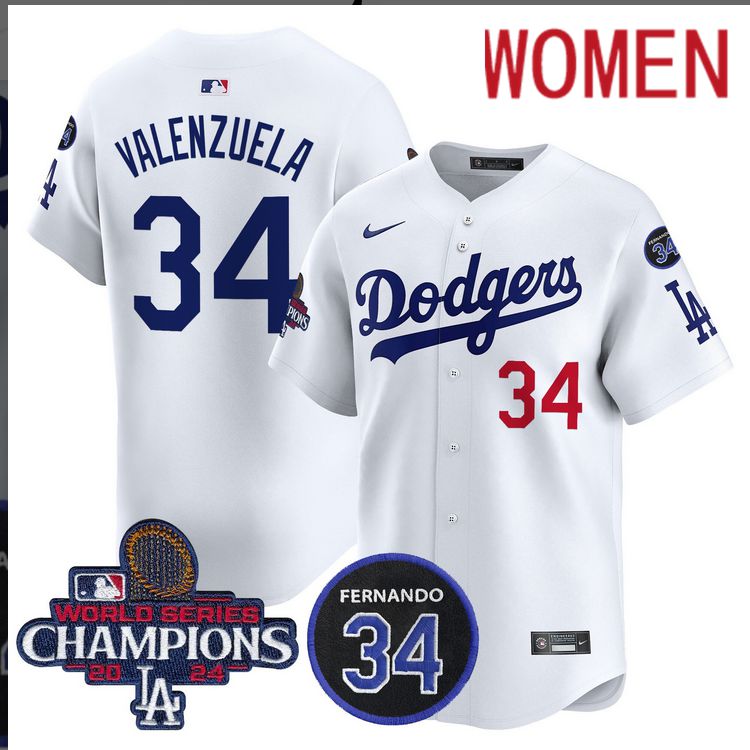 Women MLB Los Angeles Dodgers #34 Valenzuela white 2024 World Series Champions Patch Limited Jersey->women mlb jersey->Women Jersey